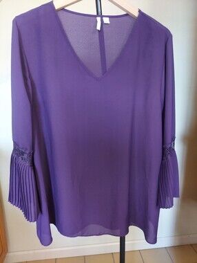 EST 1946 Women's Purple V-Neck Pleated Sleeve Blouse SZ XL